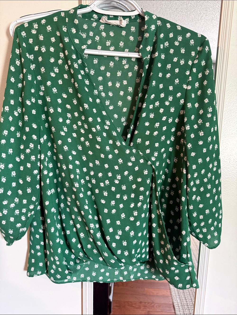 All in Favor Green Floral Wrap-Style Blouse